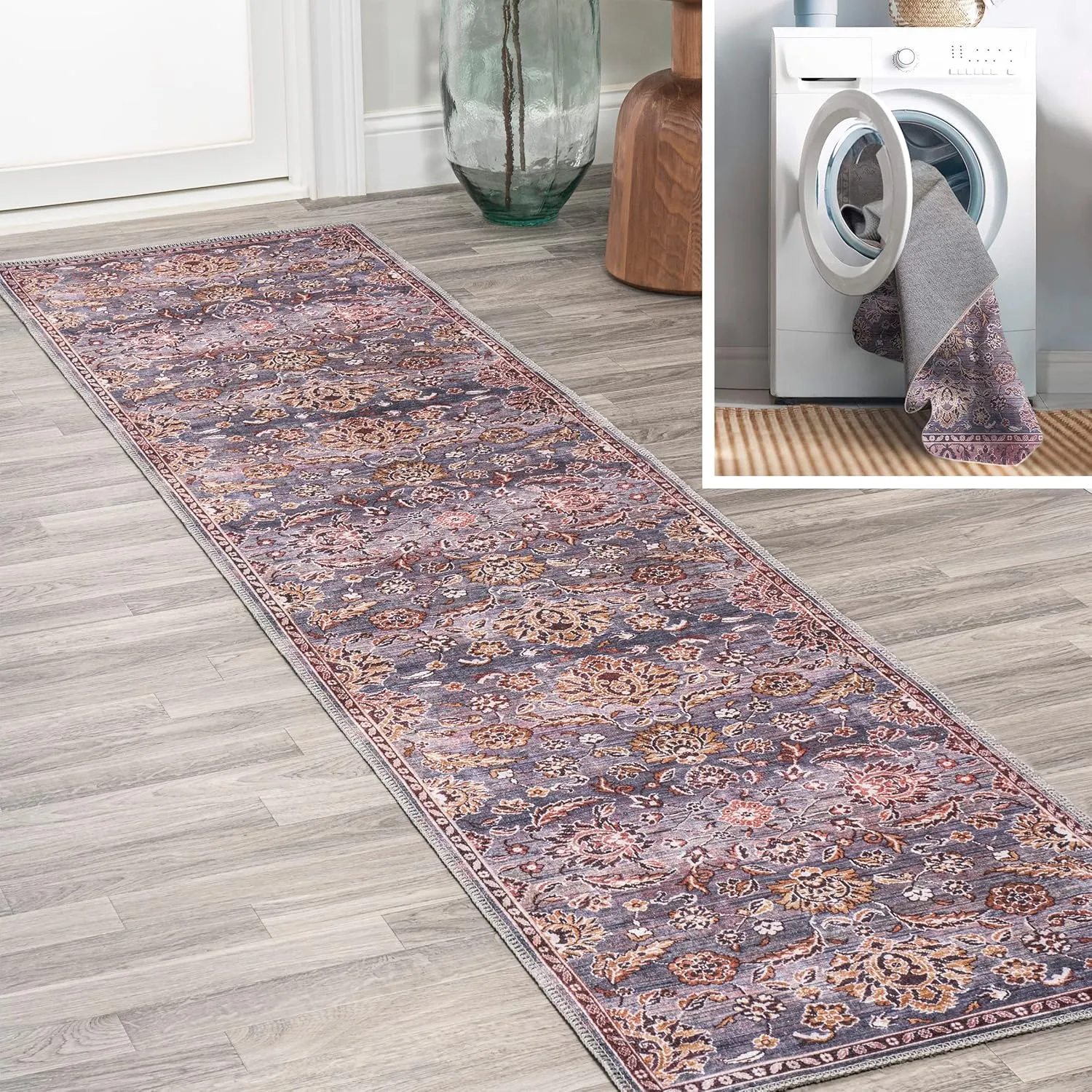 JONATHAN Y WSH106A-28 Victoria Ornate All-Over Machine Washable Indoor Bohemian Transitional Runner Rug,High Traffic,Kitchen,Living Room,Backyard,Non Shedding,2 X 8,Brown/Gray