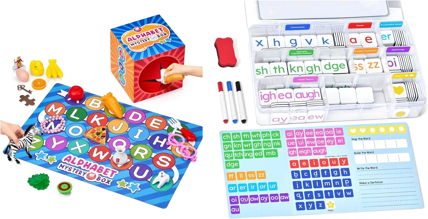 JoyCat Mystery Alphabet Box Phonics Word Magnetic Letter Tiles-JoyCat 265 Alphabet Tiles, Magnetic Letters Kit with Word-Building Folder and Storage Case, Kindergarten Phonics Awareness, Science of Re