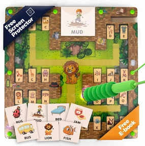Jungle Themed Magnetic Alphabet Maze Board – Wooden Spelling Game with Alphabet Pieces, Free EBook – Free Screen Protector - Montessori Magnetic Maze for Kids Ages 3-8