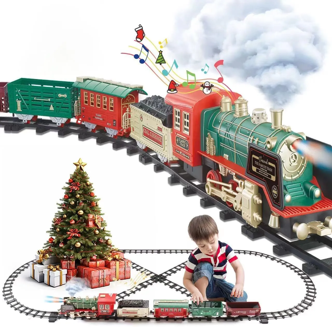 JUQU Christmas Train Set - Electric Train Toys w/Smokes&Lights&Xmas Sounds, Toddler Train Sets for Kids w/Rechargeable Battery & Locomotive Engine, 4 Cars & 21 Tracks for Age 3 4 5 6 7 8  Boys Girls