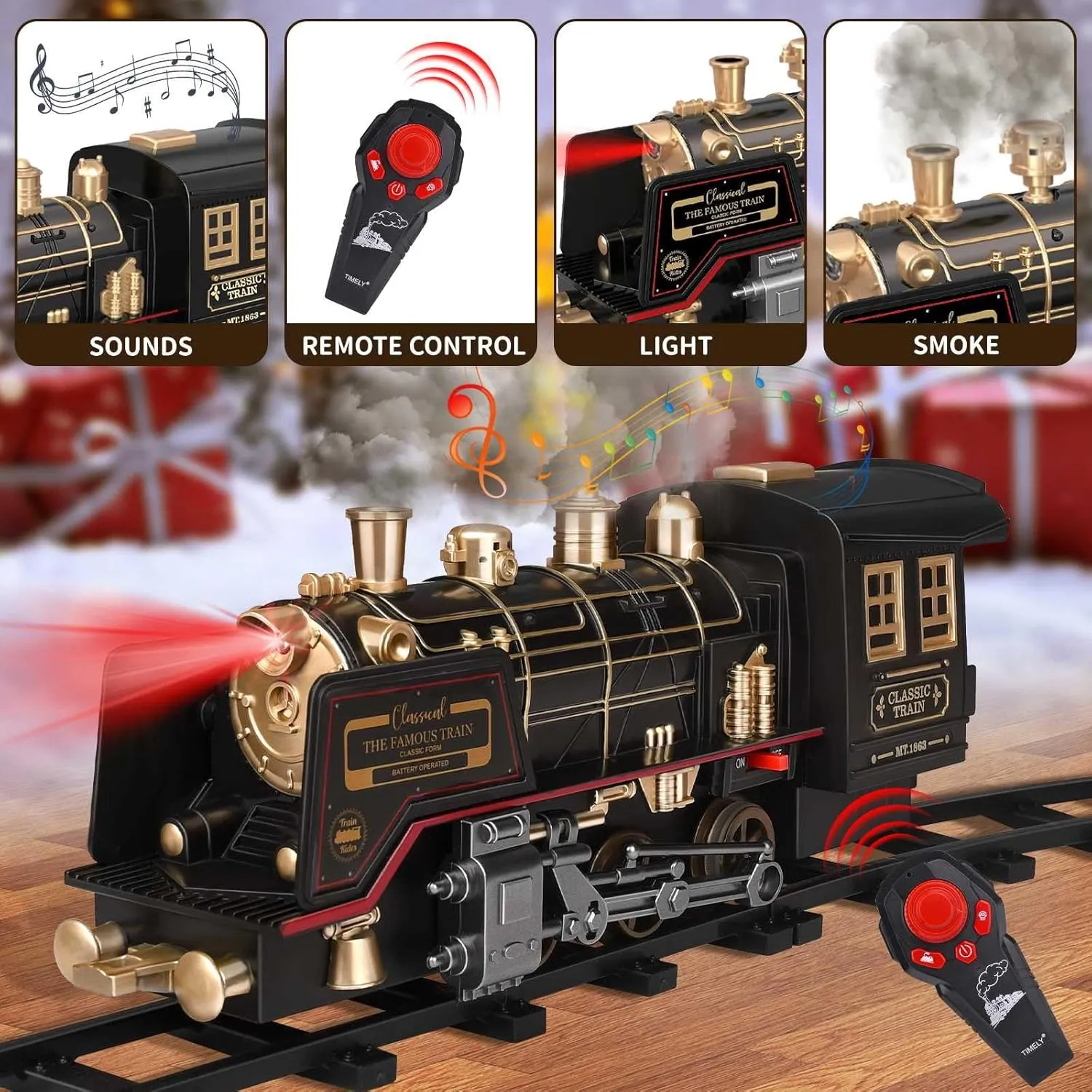 JUQU Train Set - Electric Train Set w/Remote Control, Smoke, Light, Whistle, Toy Train Set for Under Christmas Tree w/Track, Toddler Model Trains for 3 4 5 6 7 8  Years Old Boys Christmas Toys Gift