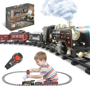 JUQU Train Set - Electric Train Set w/Remote Control, Smoke, Light, Whistle, Toy Train Set for Under Christmas Tree w/Track, Toddler Model Trains for 3 4 5 6 7 8  Years Old Boys Christmas Toys Gift