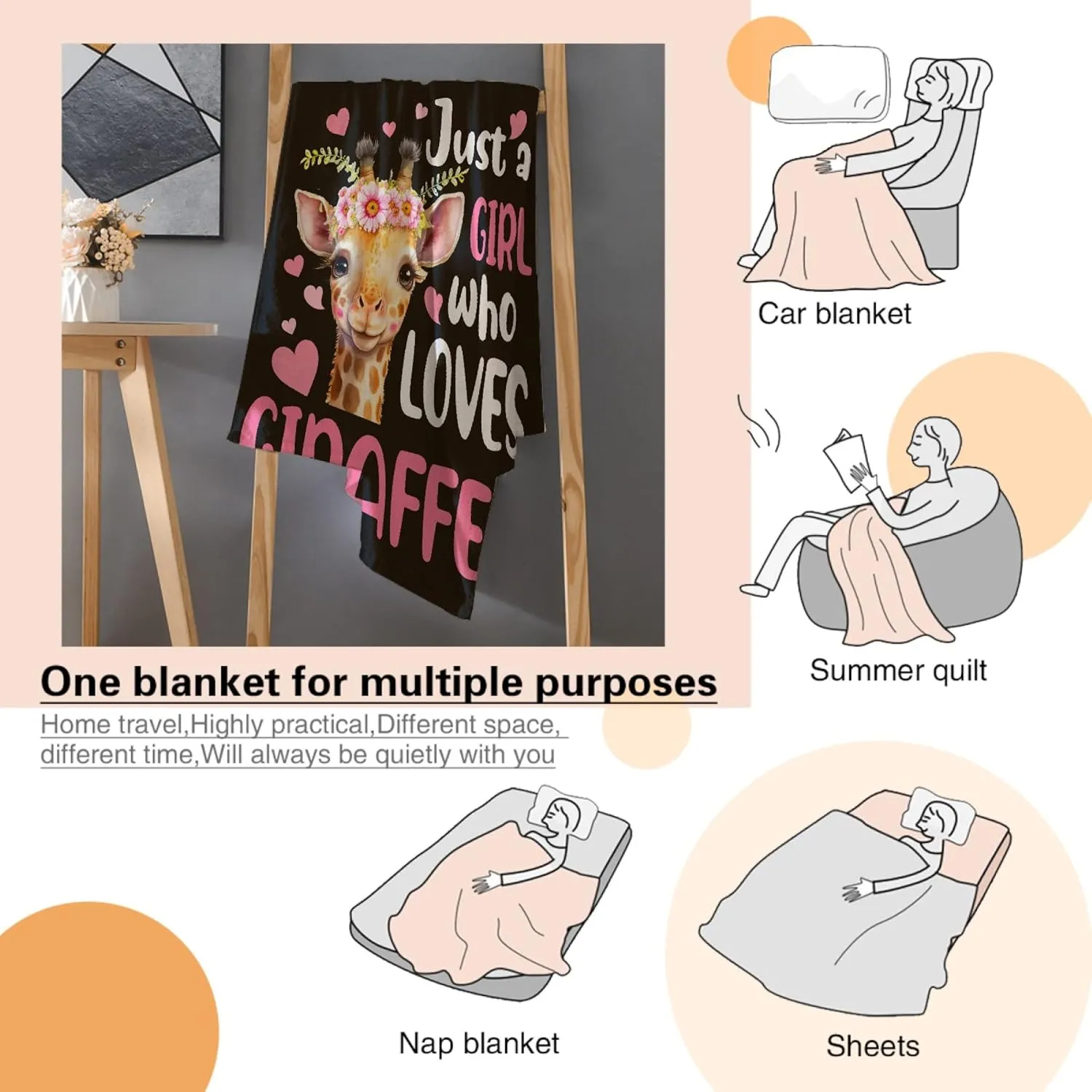 Just A Girl Who Loves Giraffes Blanket Lightweight Cozy Flannel Fleece Throw Blanket Best Gift Home Decor for Bed Couch Outdoor Camping 60"x50" M for Teens