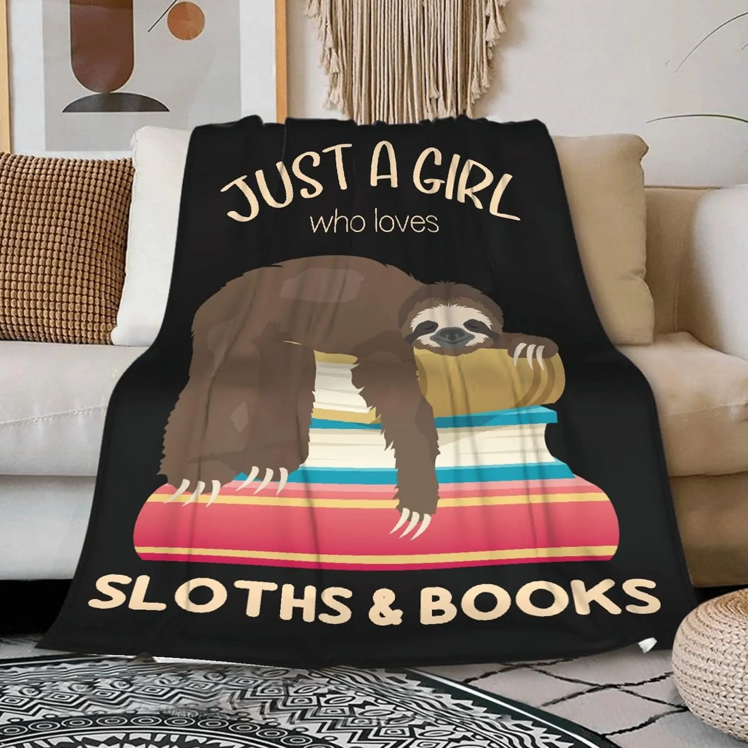 Just a Girl Who Loves Sloths and Books Blanket Lightweight Cozy Flannel Fleece Throw Blanket Best Gift Home Decor for Bed Couch Outdoor Camping 60"x50" M for Teens