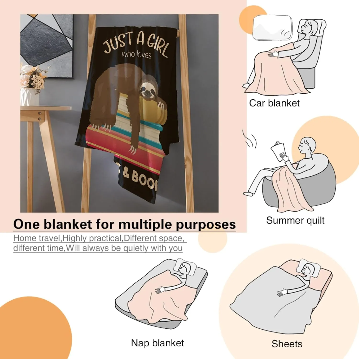 Just a Girl Who Loves Sloths and Books Blanket Lightweight Cozy Flannel Fleece Throw Blanket Best Gift Home Decor for Bed Couch Outdoor Camping 60"x50" M for Teens