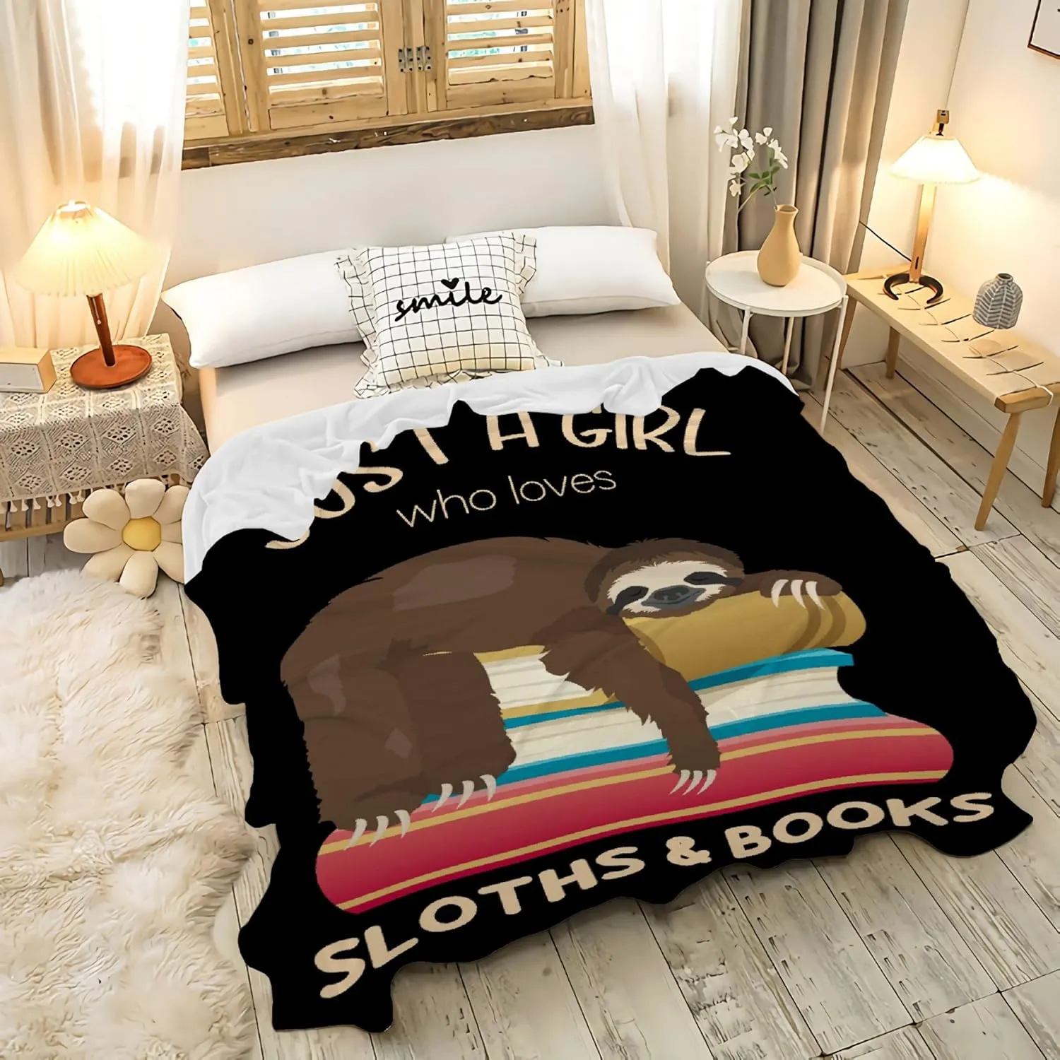 Just a Girl Who Loves Sloths and Books Blanket Lightweight Cozy Flannel Fleece Throw Blanket Best Gift Home Decor for Bed Couch Outdoor Camping 60"x50" M for Teens
