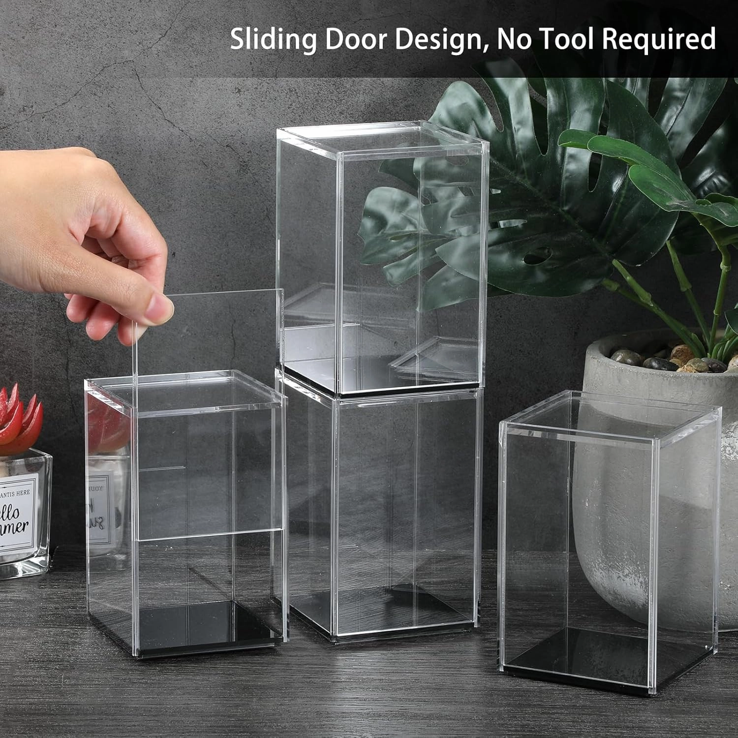 JUXYES Pack of 4 Clear Acrylic Display Case with Sliding Door for Mini Action Figures, Stackable Display Case Cube Small Showcase Free Standing Collectibles Protection Box, Black Bottom