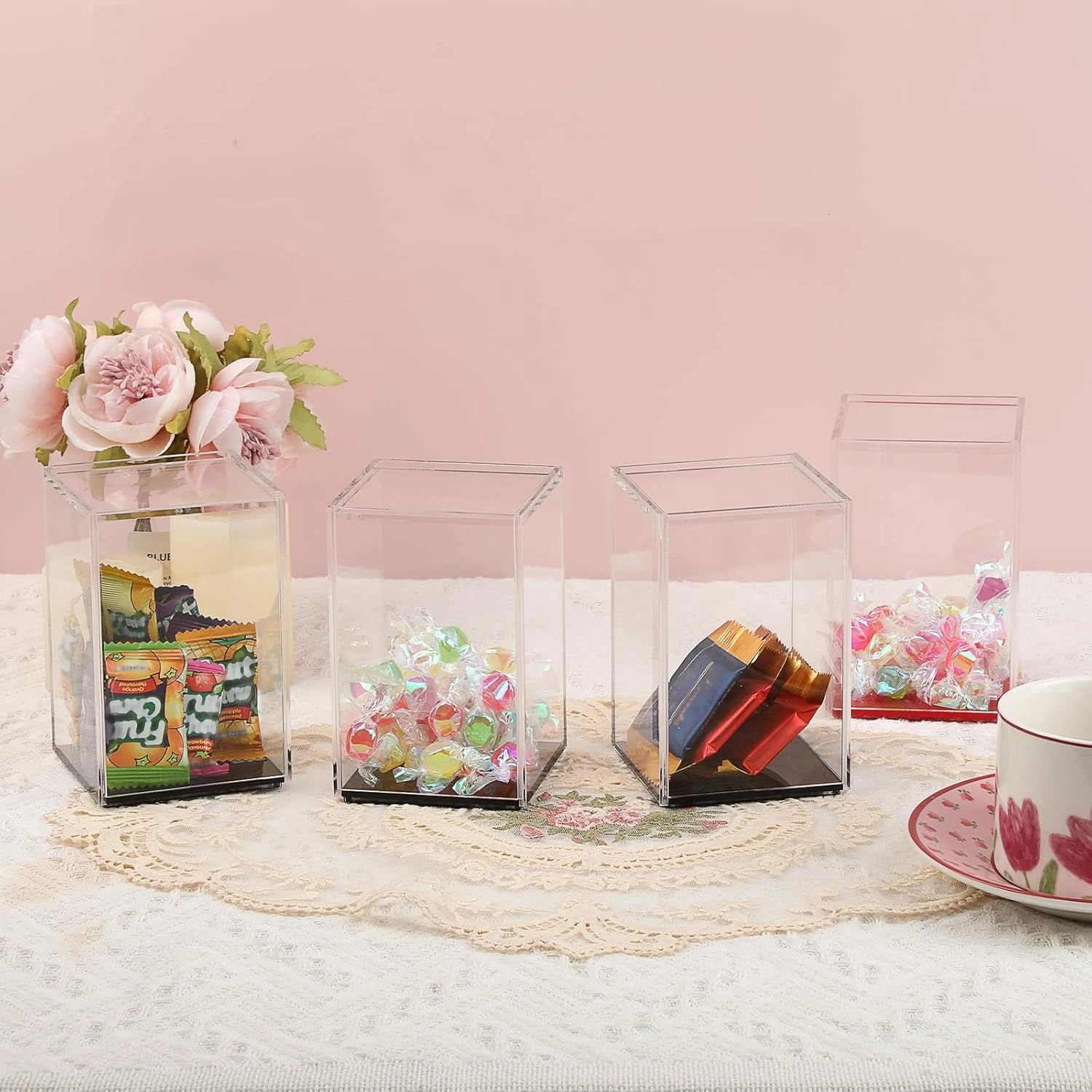 JUXYES Pack of 4 Clear Acrylic Display Case with Sliding Door for Mini Action Figures, Stackable Display Case Cube Small Showcase Free Standing Collectibles Protection Box, Black Bottom