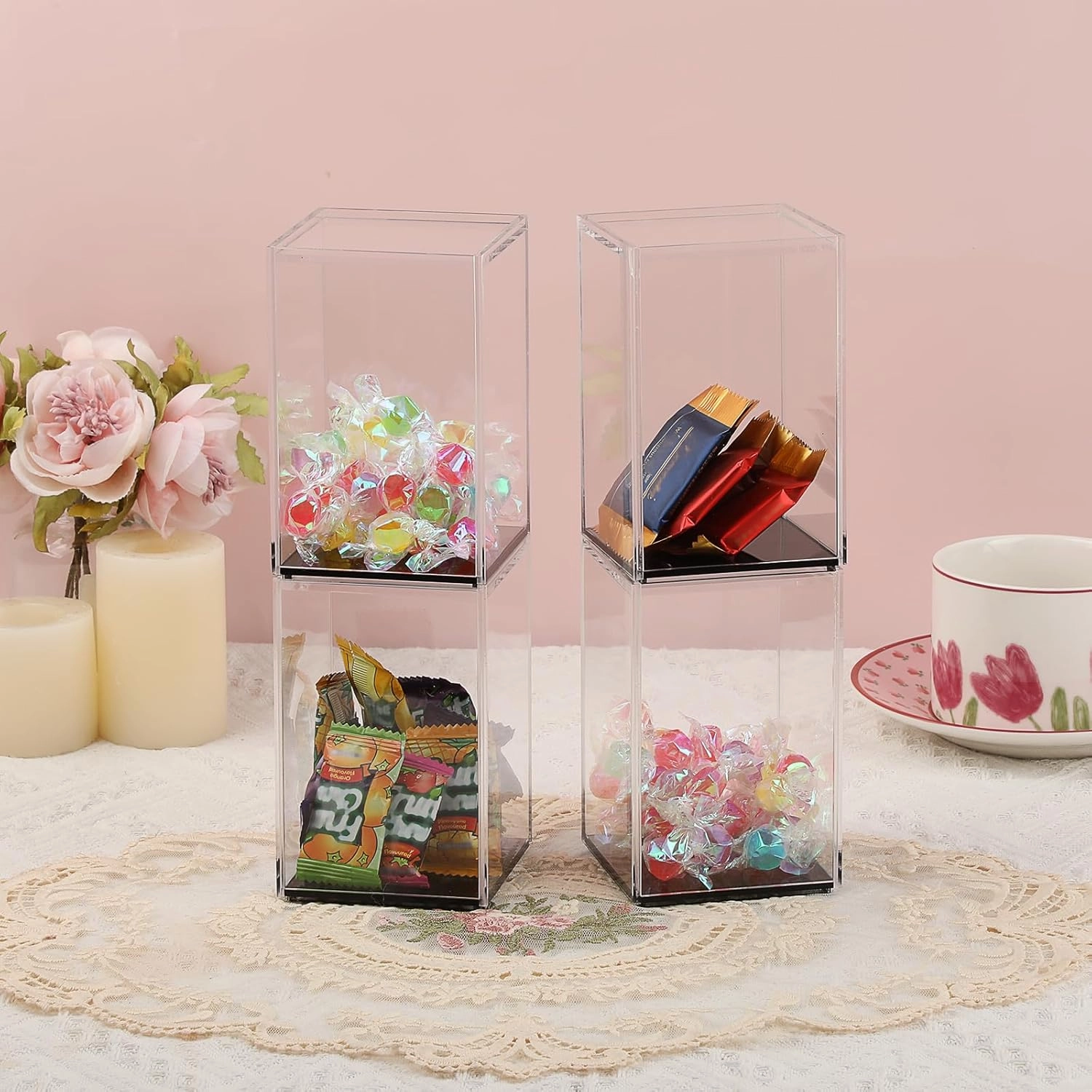 JUXYES Pack of 4 Clear Acrylic Display Case with Sliding Door for Mini Action Figures, Stackable Display Case Cube Small Showcase Free Standing Collectibles Protection Box, Black Bottom