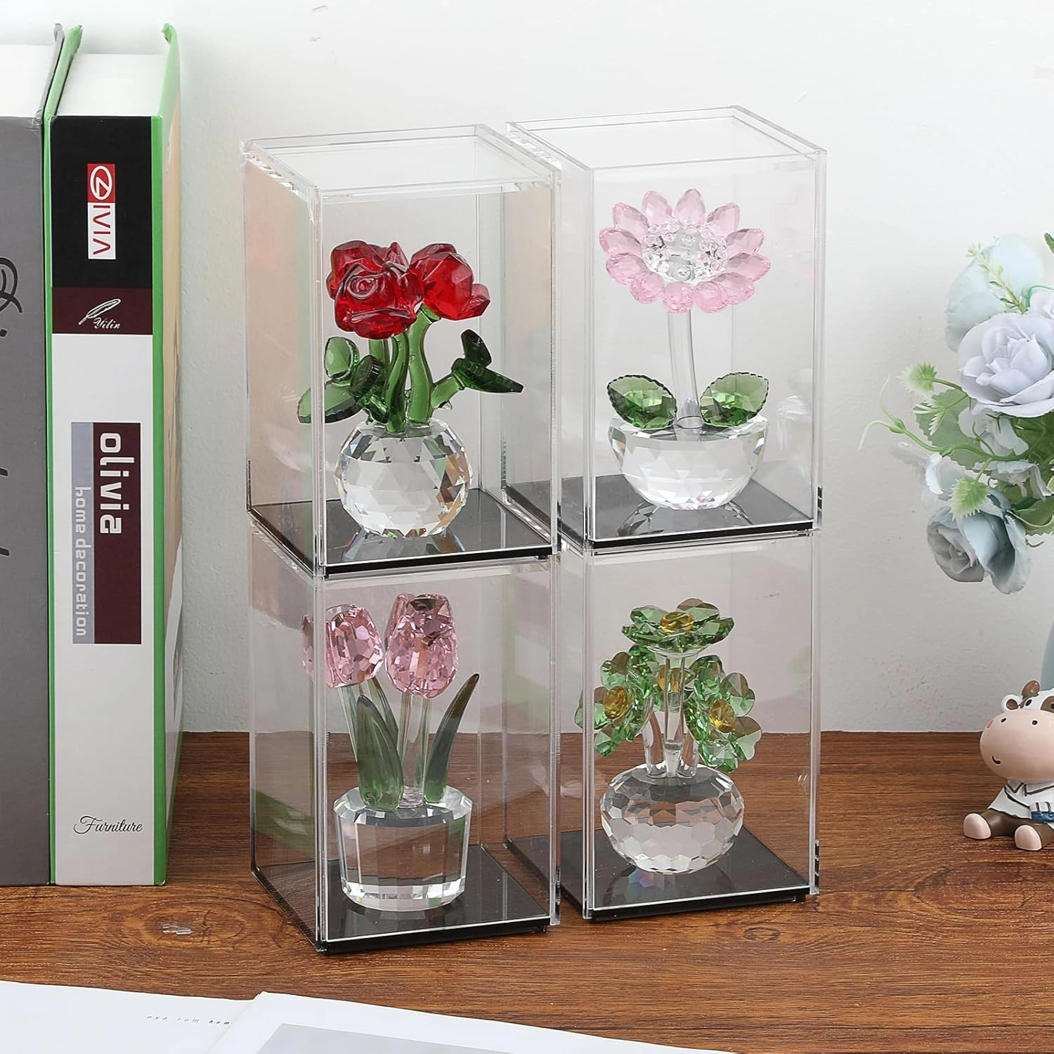 JUXYES Pack of 4 Clear Acrylic Display Case with Sliding Door for Mini Action Figures, Stackable Display Case Cube Small Showcase Free Standing Collectibles Protection Box, Black Bottom
