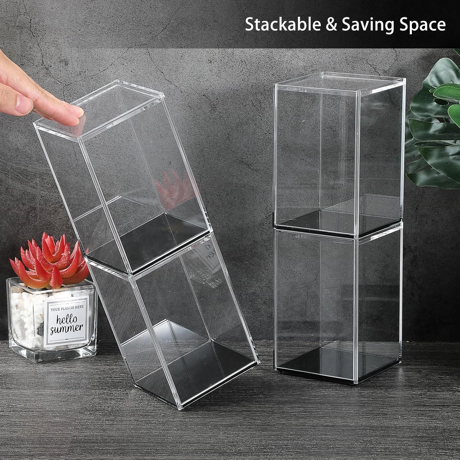 JUXYES Pack of 4 Clear Acrylic Display Case with Sliding Door for Mini Action Figures, Stackable Display Case Cube Small Showcase Free Standing Collectibles Protection Box, Black Bottom