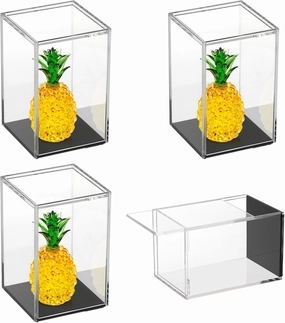 JUXYES Pack of 4 Clear Acrylic Display Case with Sliding Door for Mini Action Figures, Stackable Display Case Cube Small Showcase Free Standing Collectibles Protection Box, Black Bottom