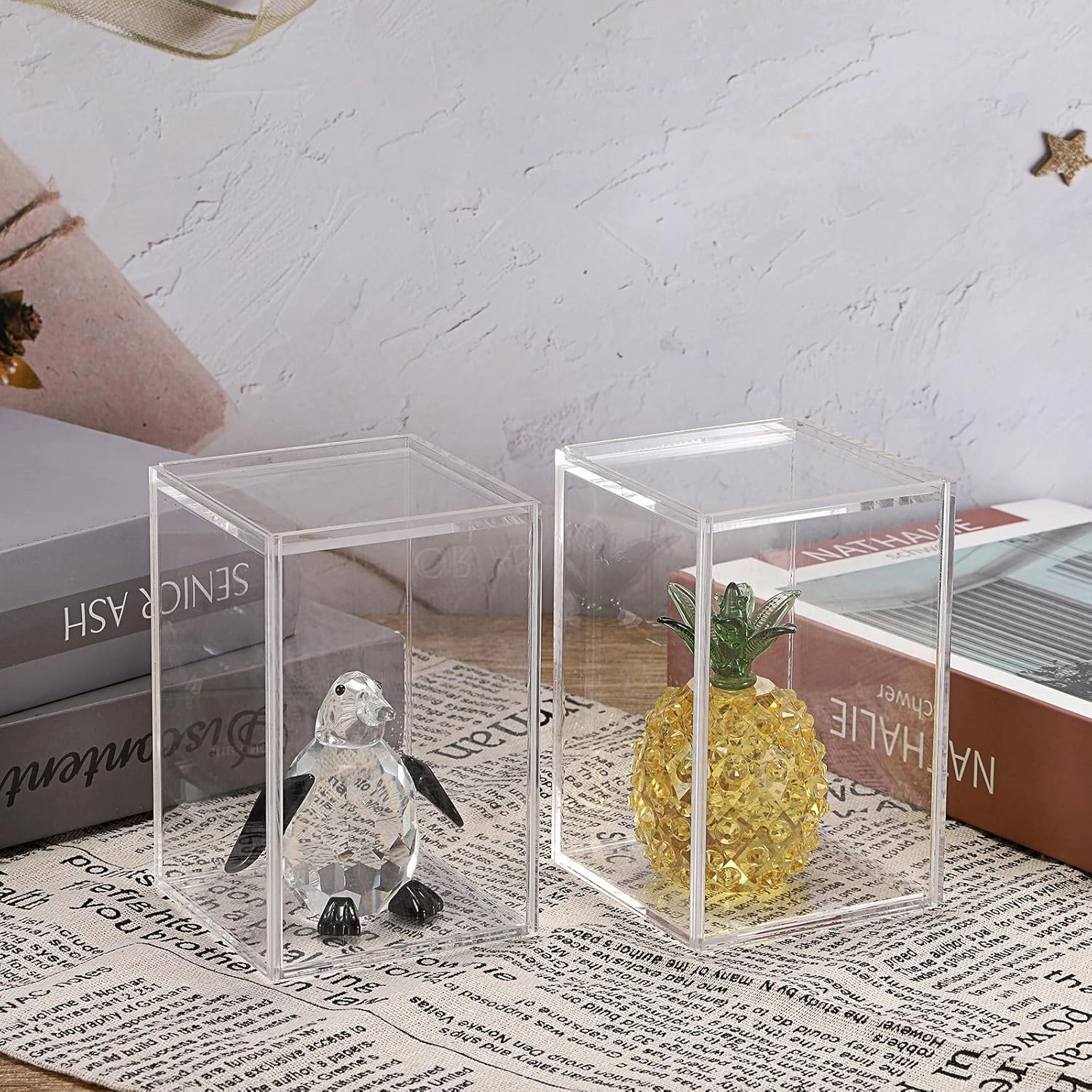 JUXYES Pack of 4 Clear Display Case for Mini Action Figures, Acrylic Box With Sliding Door, Stackable Cube Small Showcase, Free Standing Collectibles Protection