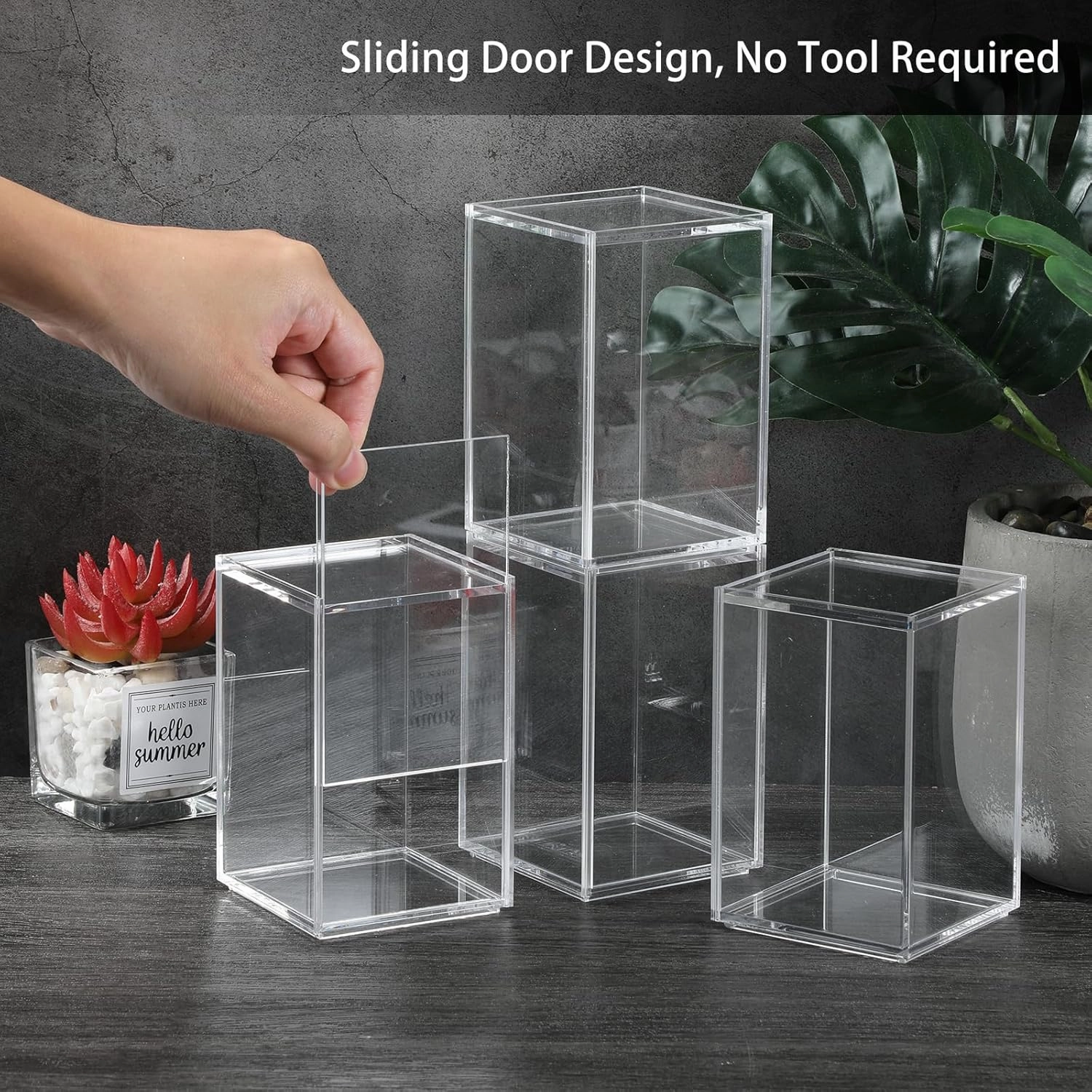 JUXYES Pack of 4 Clear Display Case for Mini Action Figures, Acrylic Box With Sliding Door, Stackable Cube Small Showcase, Free Standing Collectibles Protection