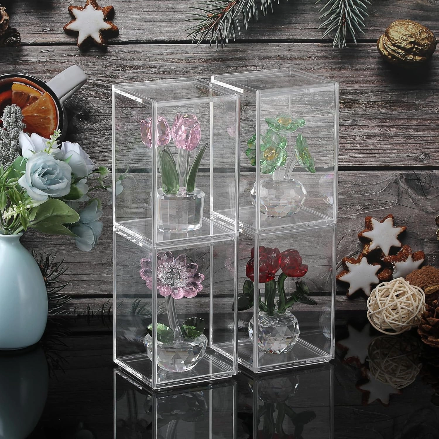 JUXYES Pack of 4 Clear Display Case for Mini Action Figures, Acrylic Box With Sliding Door, Stackable Cube Small Showcase, Free Standing Collectibles Protection