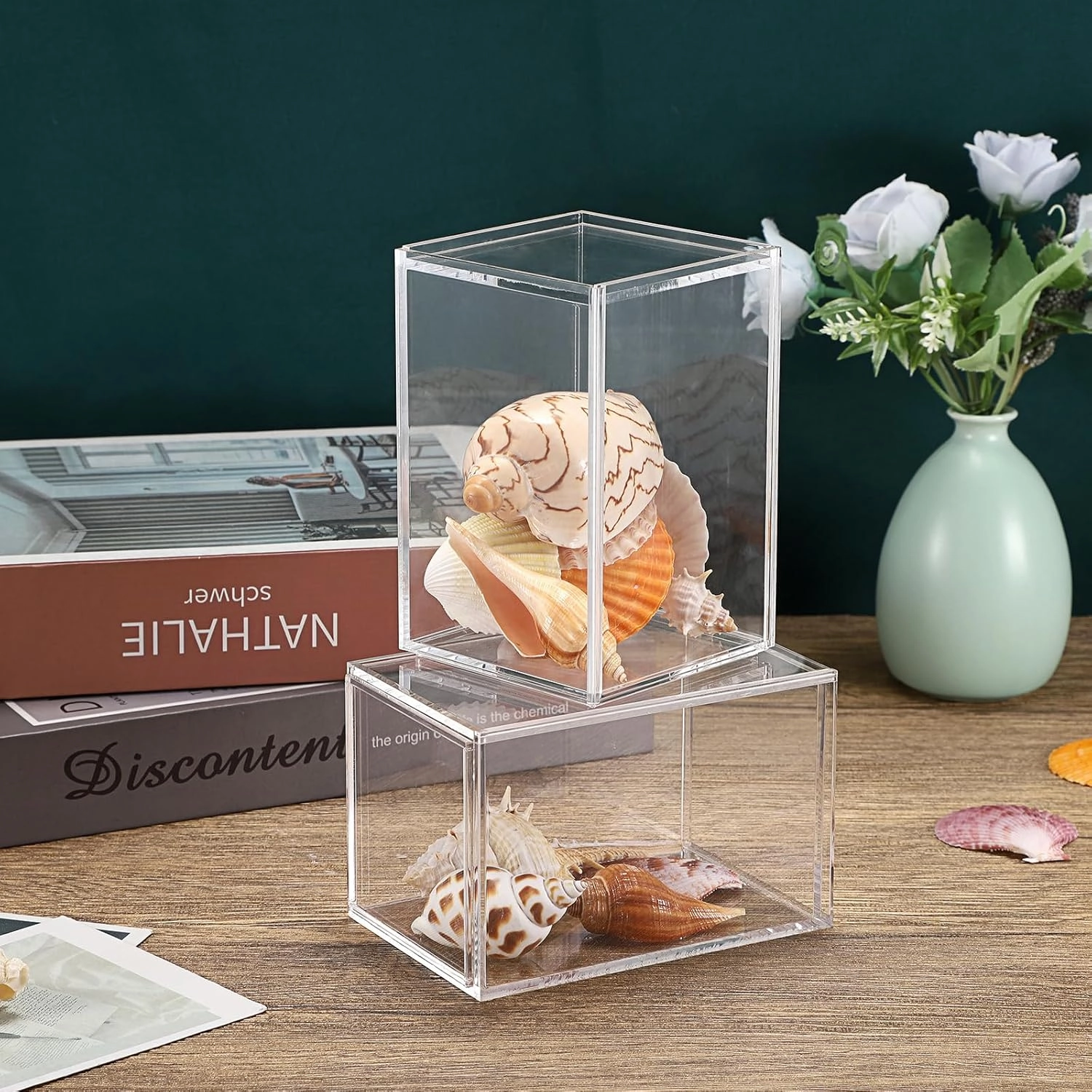JUXYES Pack of 4 Clear Display Case for Mini Action Figures, Acrylic Box With Sliding Door, Stackable Cube Small Showcase, Free Standing Collectibles Protection