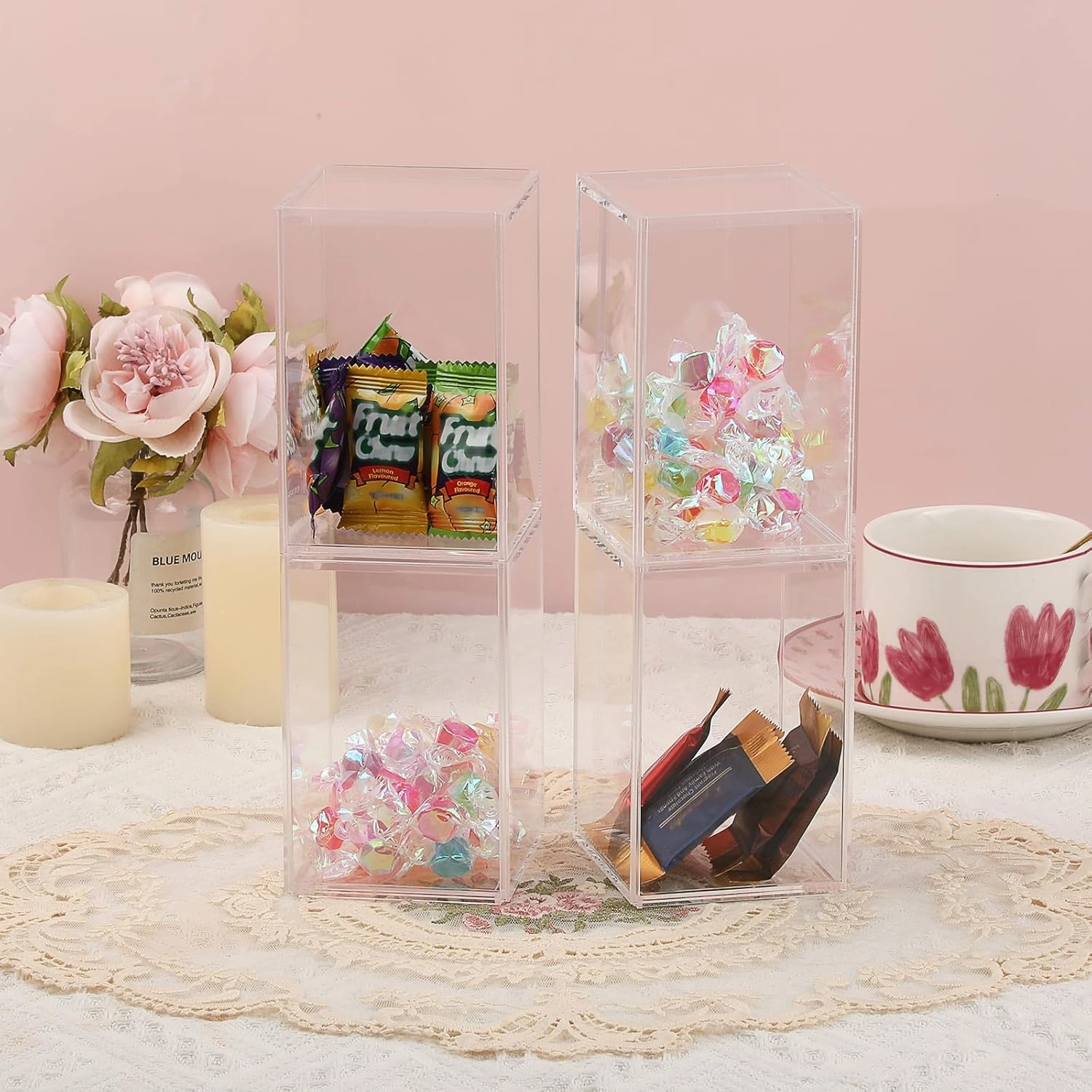 JUXYES Pack of 4 Clear Display Case for Mini Action Figures, Acrylic Box With Sliding Door, Stackable Cube Small Showcase, Free Standing Collectibles Protection