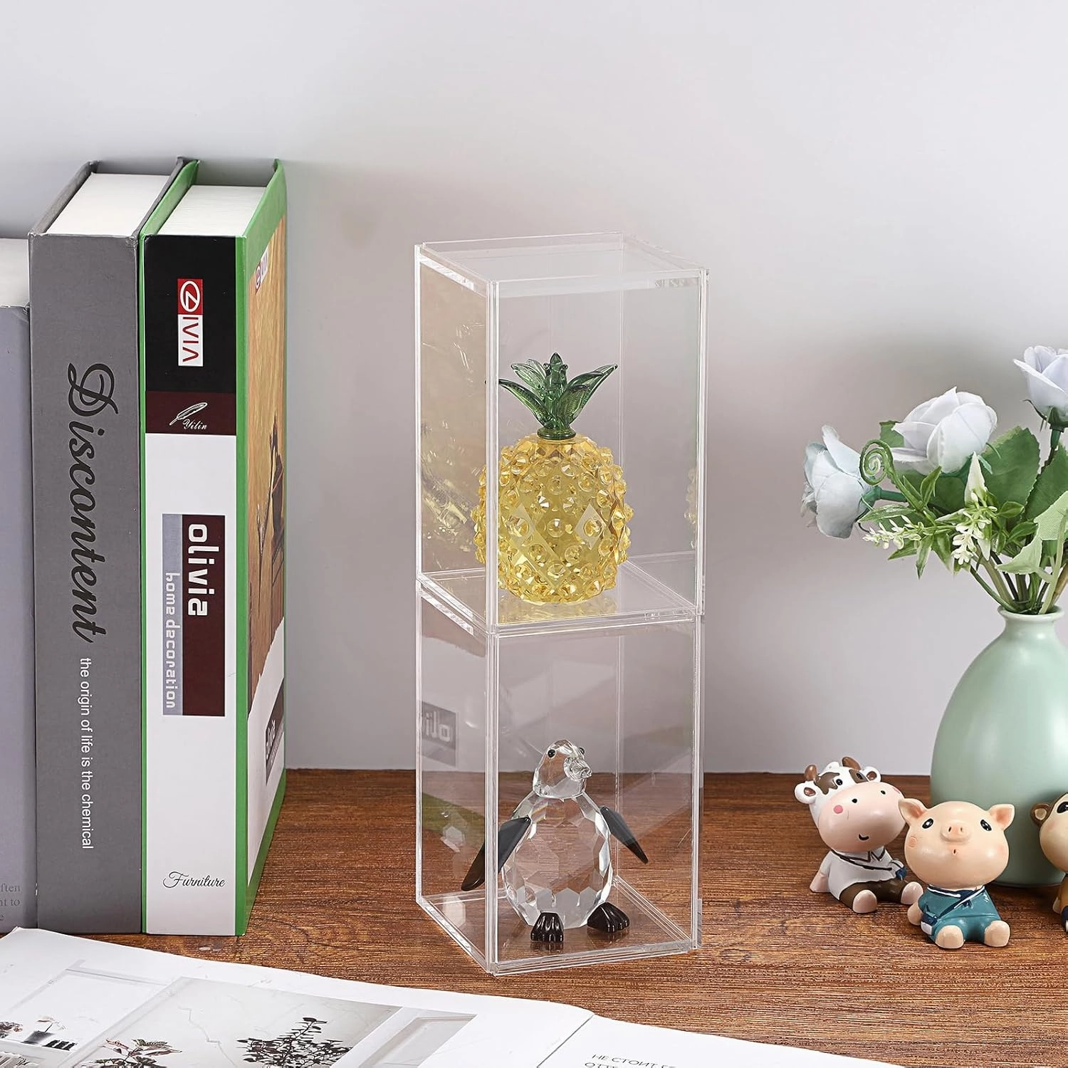 JUXYES Pack of 4 Clear Display Case for Mini Action Figures, Acrylic Box With Sliding Door, Stackable Cube Small Showcase, Free Standing Collectibles Protection