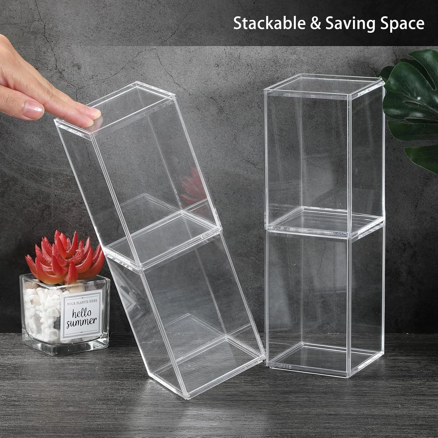 JUXYES Pack of 4 Clear Display Case for Mini Action Figures, Acrylic Box With Sliding Door, Stackable Cube Small Showcase, Free Standing Collectibles Protection