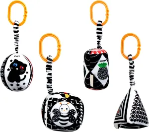 KAKIBLIN Baby Hanging Rattle Toys, 4 Pack Black and White Car Seat Baby Toys Soft Squeaky Stroller Toy for Babies Montessori Sensory Toy 0-12 Months for Newborn Infant, White and Black