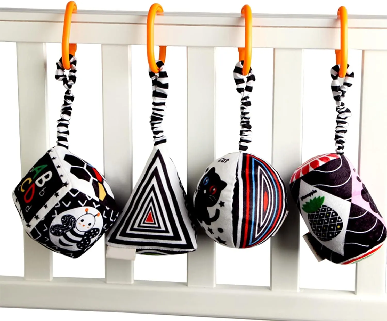 KAKIBLIN Baby Hanging Rattle Toys, 4 Pack Black and White Car Seat Baby Toys Soft Squeaky Stroller Toy for Babies Montessori Sensory Toy 0-12 Months for Newborn Infant, White and Black