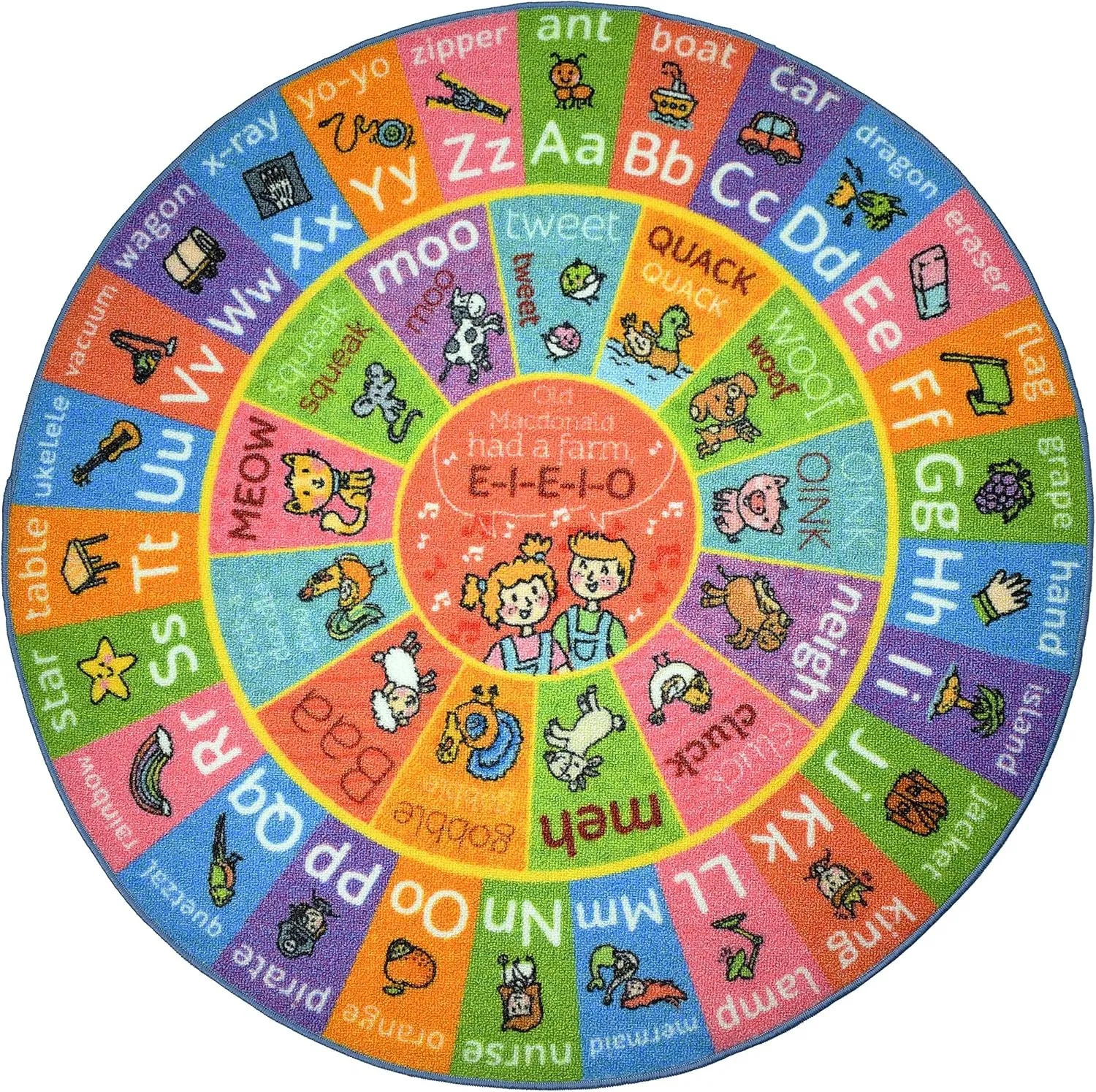 KC Cubs Playtime Collection ABC Alphabet with Old MacDonald's Animals Educational Learning & Game Round Circle Area Rug Carpet for Kids and Children Bedrooms and Playroom