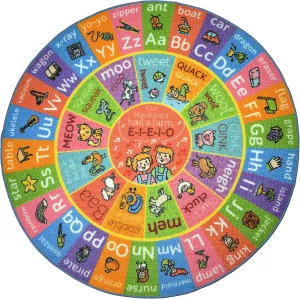 KC Cubs Playtime Collection ABC Alphabet with Old MacDonald's Animals Educational Learning & Game Round Circle Area Rug Carpet for Kids and Children Bedrooms and Playroom
