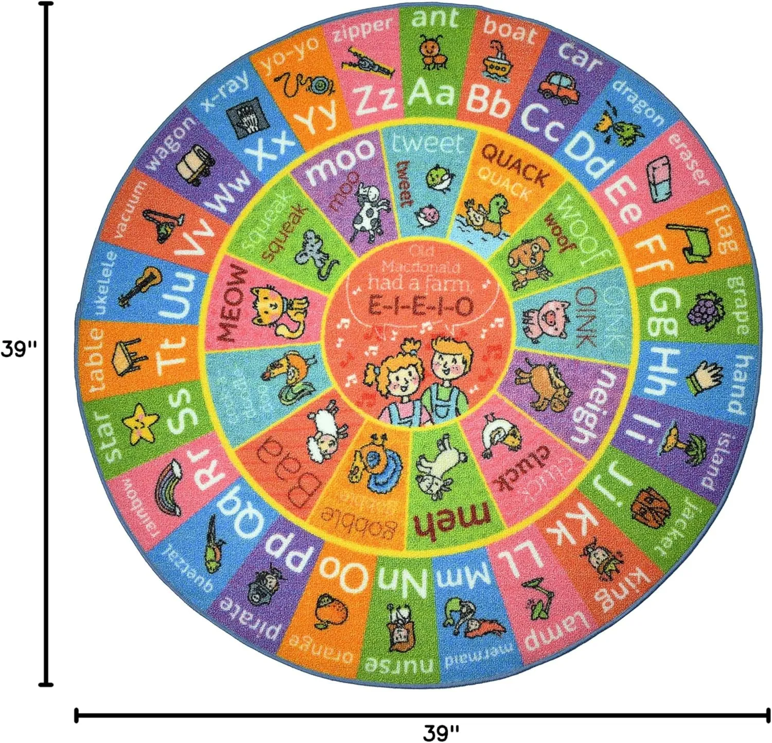 KC Cubs Playtime Collection ABC Alphabet with Old MacDonald's Animals Educational Learning & Game Round Circle Area Rug Carpet for Kids and Children Bedrooms and Playroom