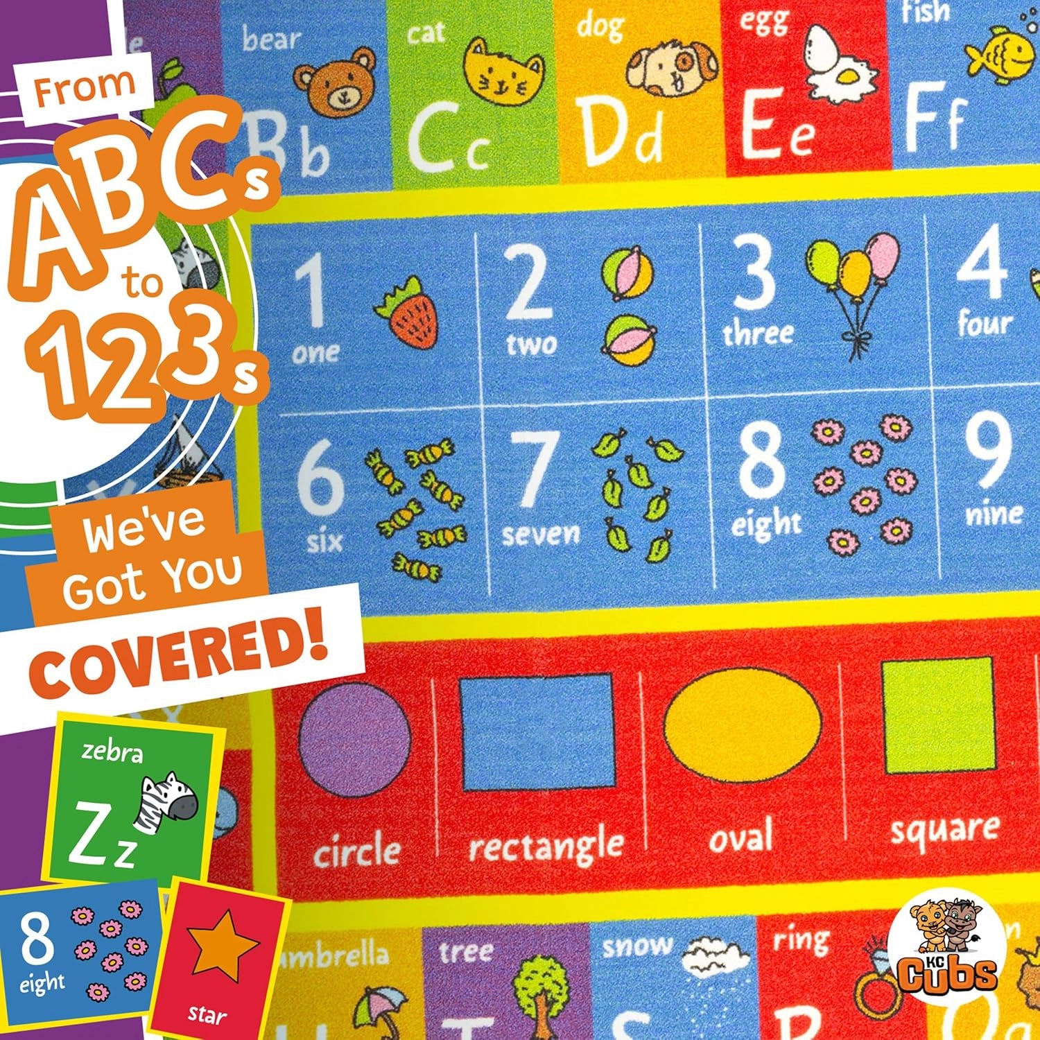 KC CUBS ABC Alphabet, Numbers and Shapes Educational Learning & Fun Game Play Area Rug for Children Bedroom, Toddler Classroom and Baby Playroom Mat