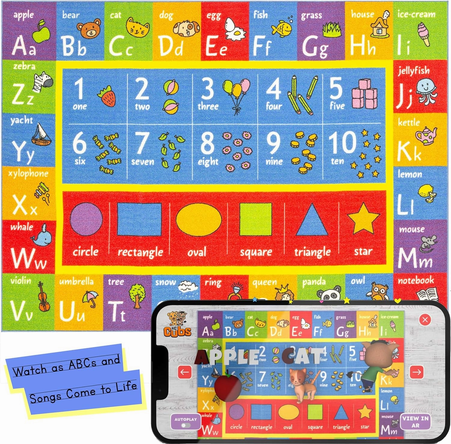 KC CUBS ABC Alphabet, Numbers and Shapes Educational Learning & Fun Game Play Area Rug for Children Bedroom, Toddler Classroom and Baby Playroom Mat