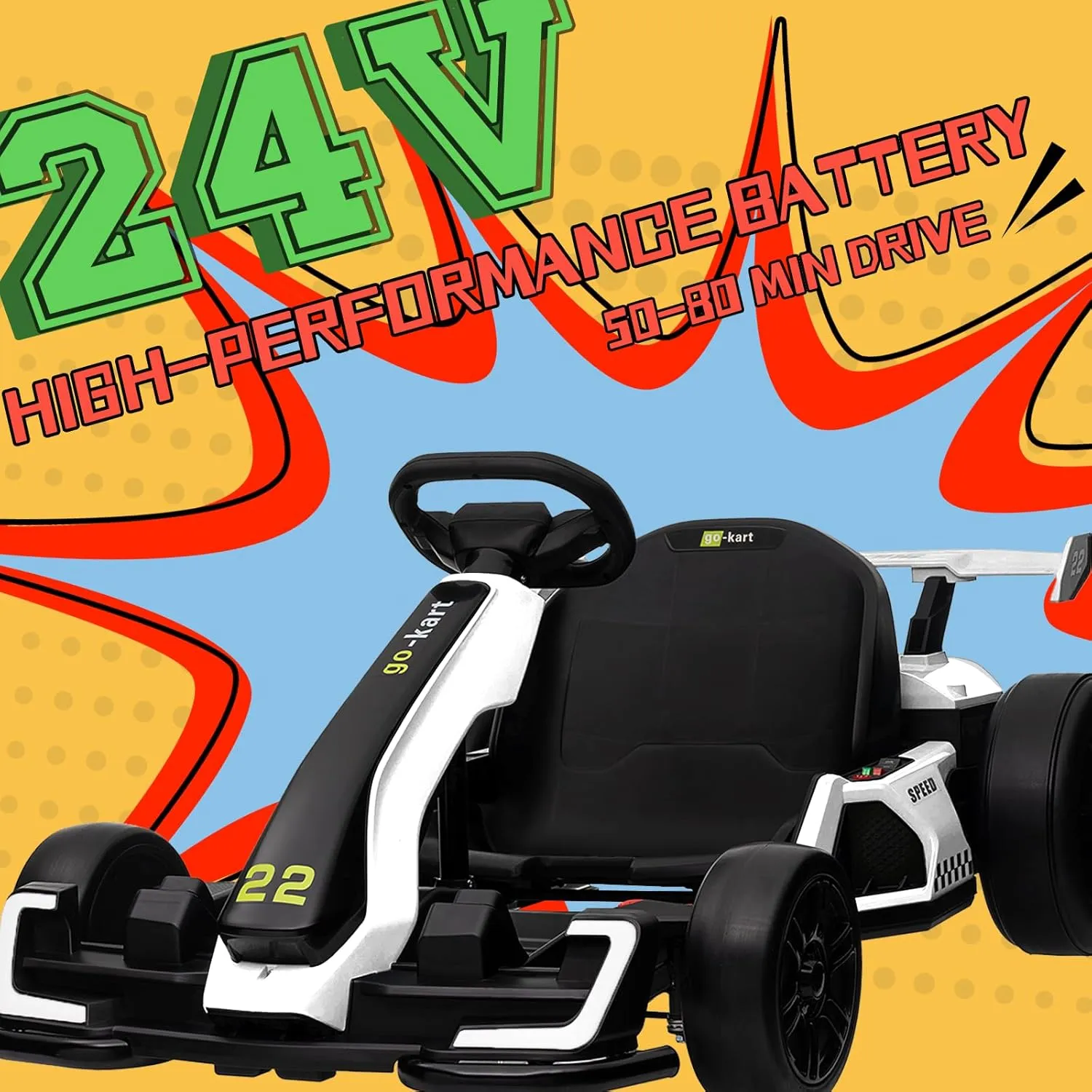 KerryYoo K61 Go Kart Electric Drift Kart Car with Adjustable Seat, 24V Outdoor Ride on Toy with 4 Speed Mode, Crazy Cart for Kids 6-12 Years Old, Fast 300W Motor, 8.5 MPH, LED Lights, Bluetooth- White