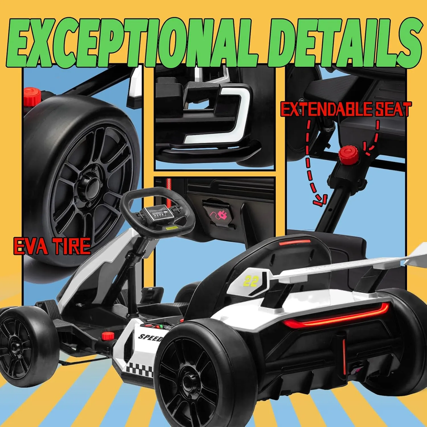 KerryYoo K61 Go Kart Electric Drift Kart Car with Adjustable Seat, 24V Outdoor Ride on Toy with 4 Speed Mode, Crazy Cart for Kids 6-12 Years Old, Fast 300W Motor, 8.5 MPH, LED Lights, Bluetooth- White