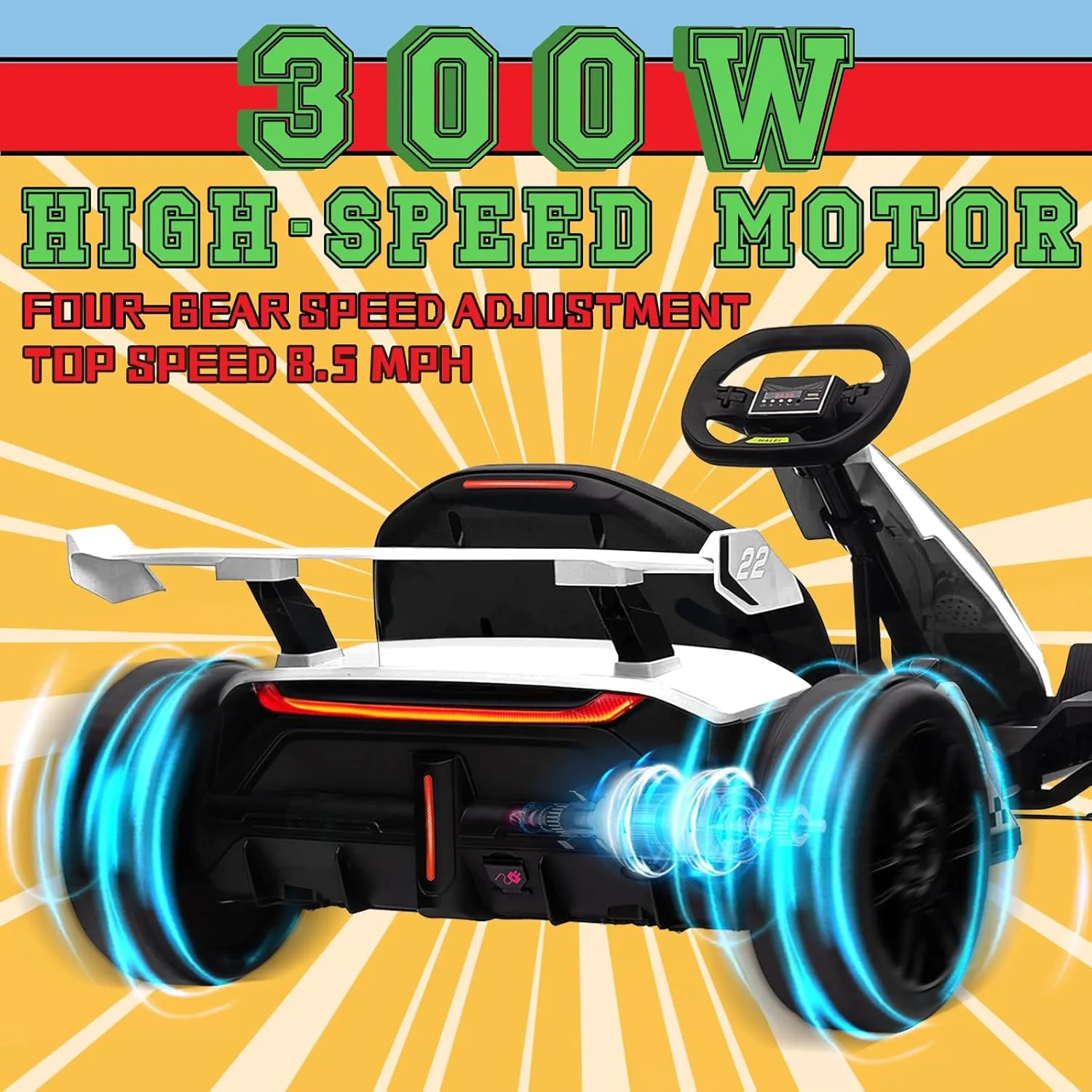 KerryYoo K61 Go Kart Electric Drift Kart Car with Adjustable Seat, 24V Outdoor Ride on Toy with 4 Speed Mode, Crazy Cart for Kids 6-12 Years Old, Fast 300W Motor, 8.5 MPH, LED Lights, Bluetooth- White