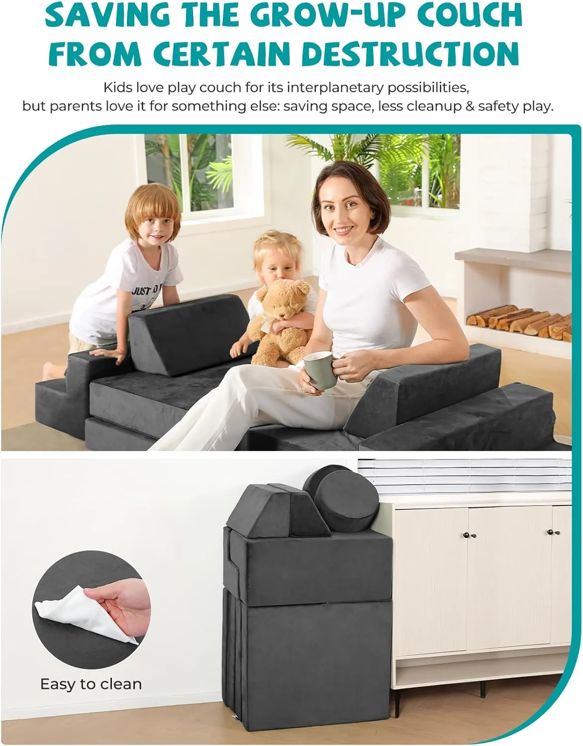 Kidirect Modular Kids Play Couch, K12 320 DIY Convertible Foam Couch for Boys & Girls, Versatile Foam Fort Building Set, Child Sectional Kids Sofa for Playroom Bedroom(Space Grey)