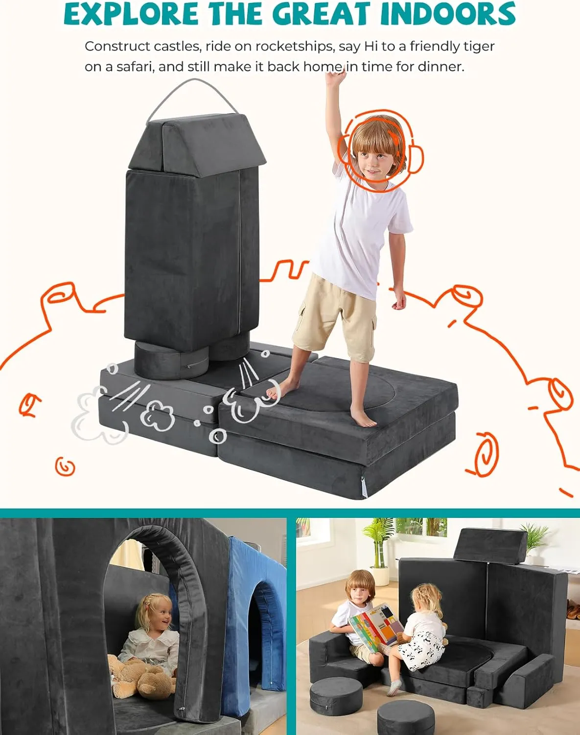 Kidirect Modular Kids Play Couch, K12 320 DIY Convertible Foam Couch for Boys & Girls, Versatile Foam Fort Building Set, Child Sectional Kids Sofa for Playroom Bedroom(Space Grey)