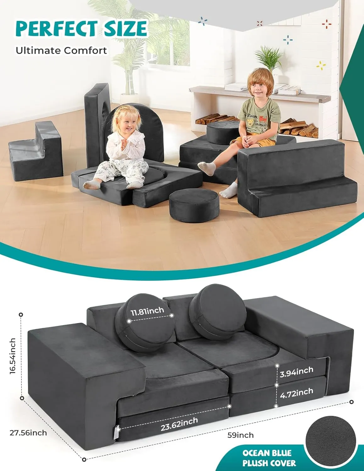 Kidirect Modular Kids Play Couch, K12 320 DIY Convertible Foam Couch for Boys & Girls, Versatile Foam Fort Building Set, Child Sectional Kids Sofa for Playroom Bedroom(Space Grey)