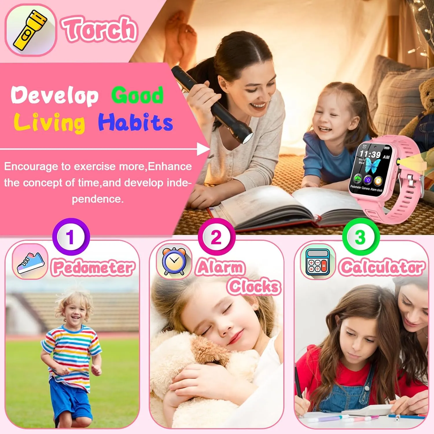 Kids Smartwatch, Toy for Boys and Girls Ages 3-13 with 24 Games, Camera, Music Playback, time Display, Video and Audio Recording Features and More (Pink)