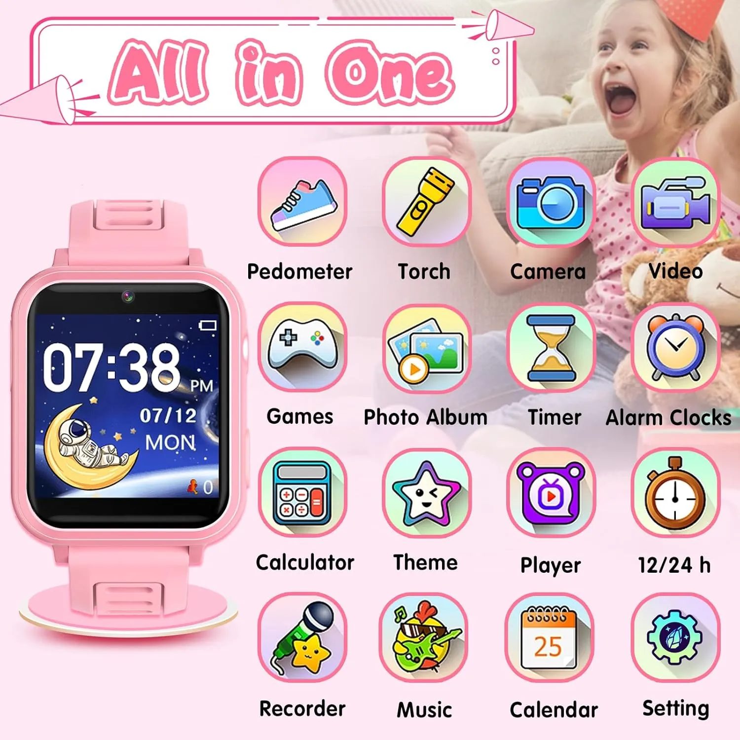 Kids Smartwatch, Toy for Boys and Girls Ages 3-13 with 24 Games, Camera, Music Playback, time Display, Video and Audio Recording Features and More (Pink)