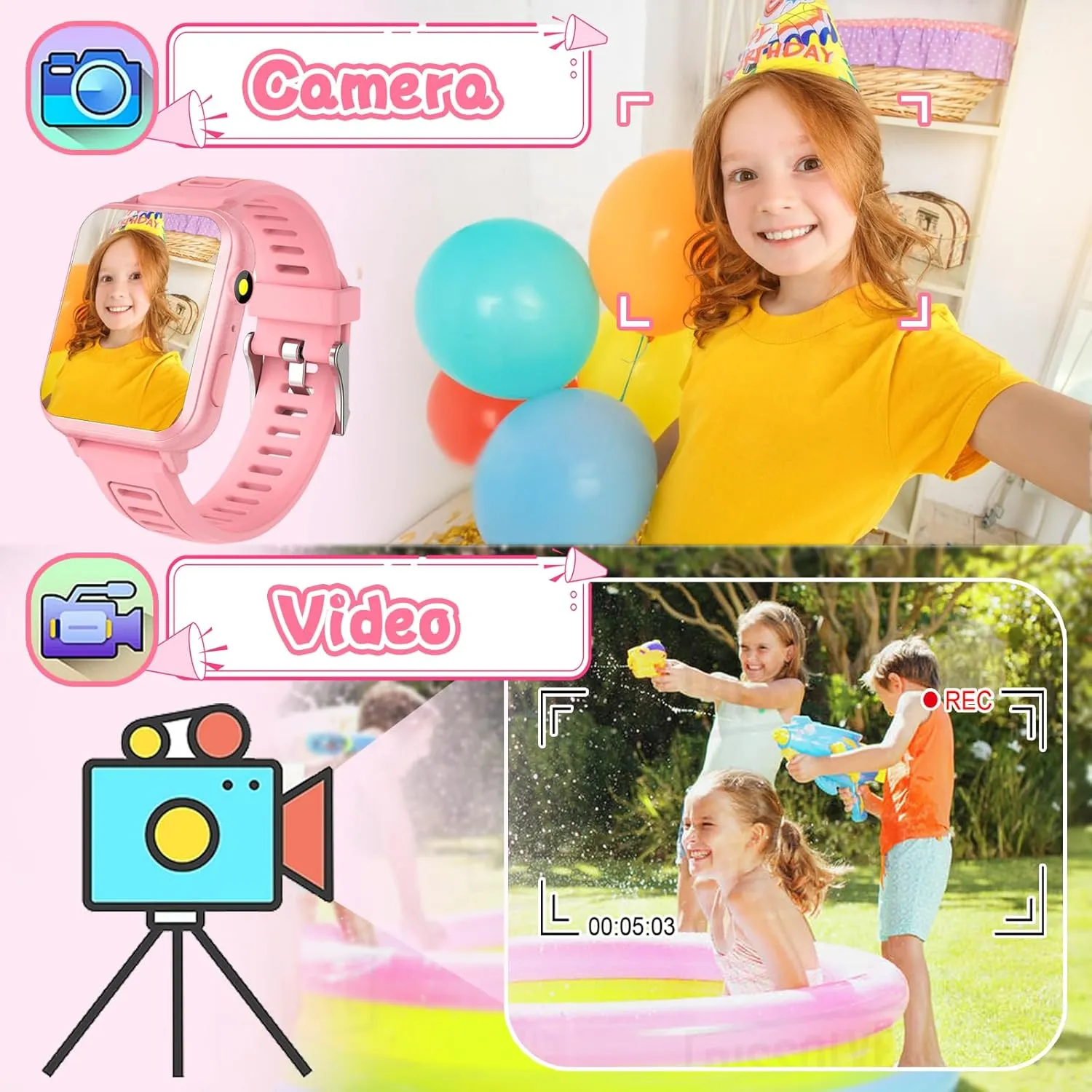 Kids Smartwatch, Toy for Boys and Girls Ages 3-13 with 24 Games, Camera, Music Playback, time Display, Video and Audio Recording Features and More (Pink)