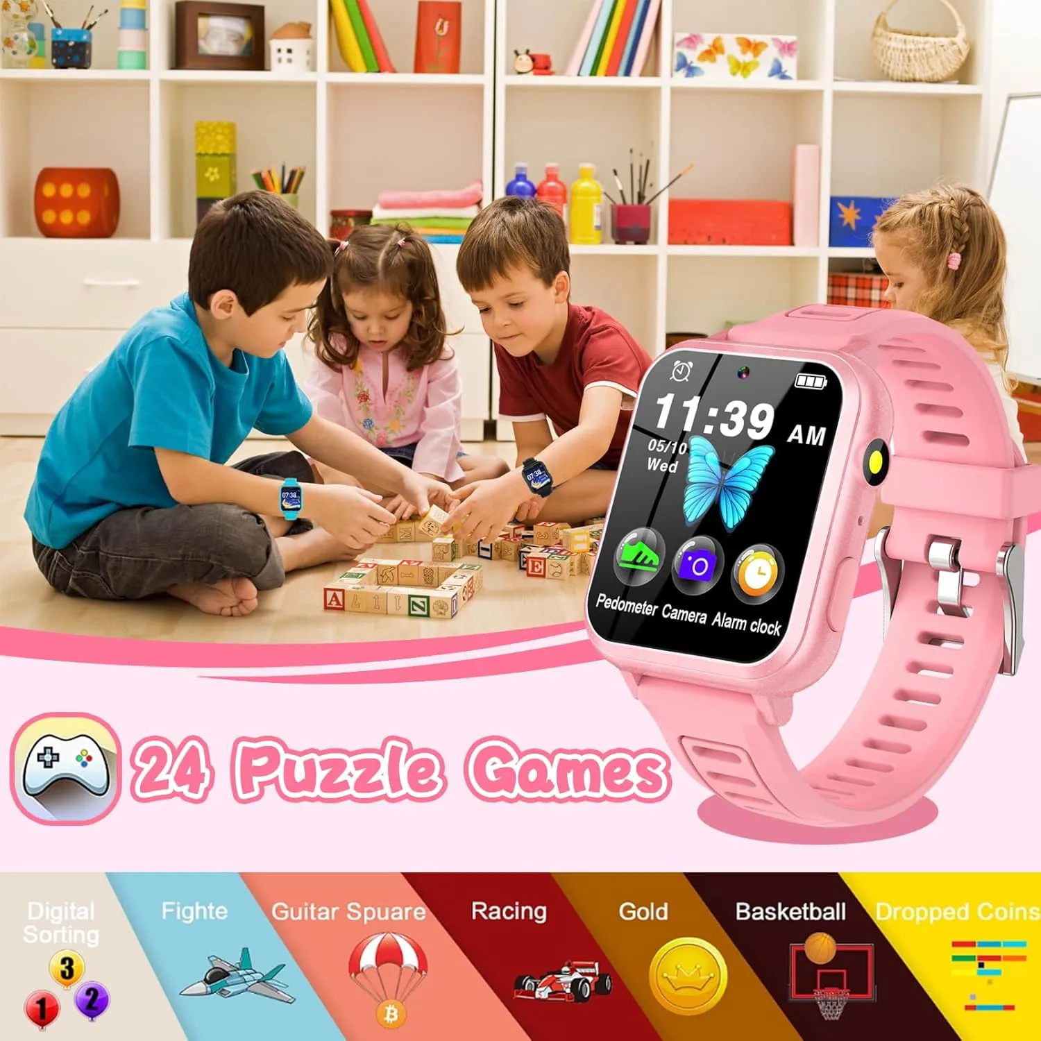 Kids Smartwatch, Toy for Boys and Girls Ages 3-13 with 24 Games, Camera, Music Playback, time Display, Video and Audio Recording Features and More (Pink)