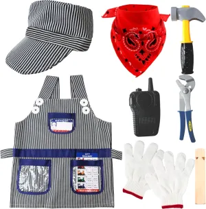 Kids Train Conductor Costume Set - Engineer Dress Up Kit with Cap, Bandana, Whistle for Boys & Girls - Halloween, Career Day, Pretend Party, Cosplay