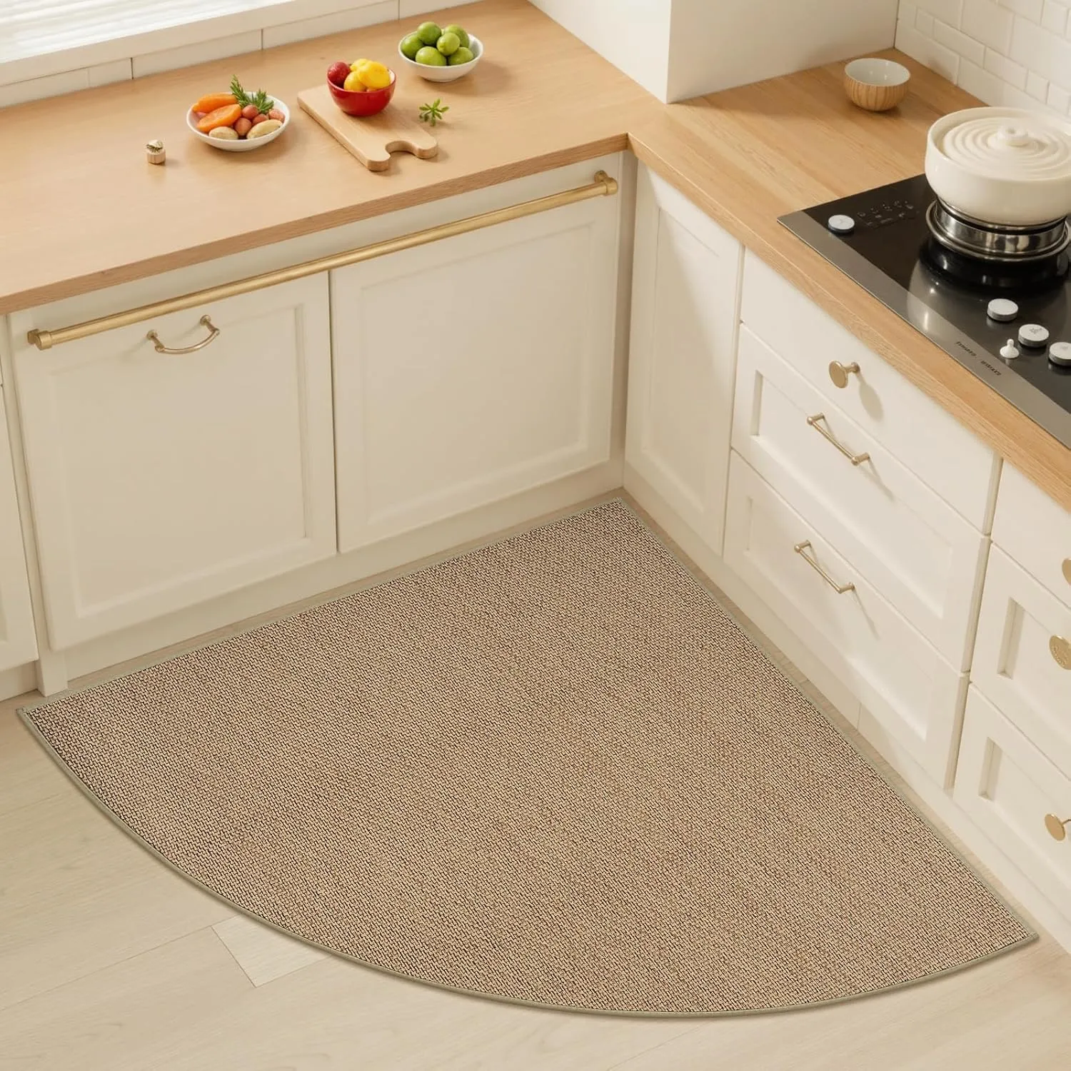 KIMODE Farmhouse Kitchen Rugs Non Slip Washable,Circular Sector Kitchen Mats for Floor Radius 39",Absorbent Corner Kitchen Sink Rug for Laundry Room Home,Beige/Khaki
