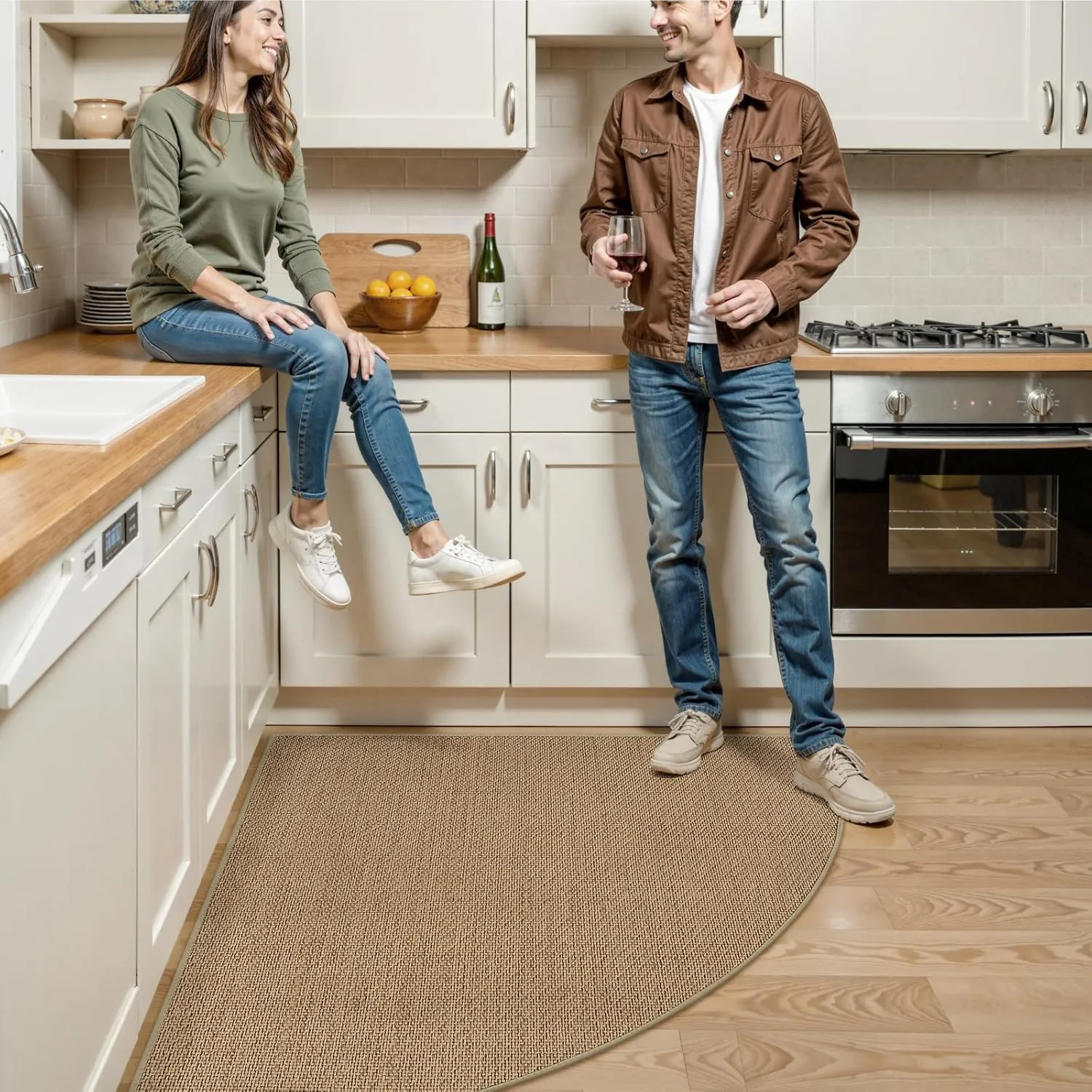 KIMODE Farmhouse Kitchen Rugs Non Slip Washable,Circular Sector Kitchen Mats for Floor Radius 39",Absorbent Corner Kitchen Sink Rug for Laundry Room Home,Beige/Khaki