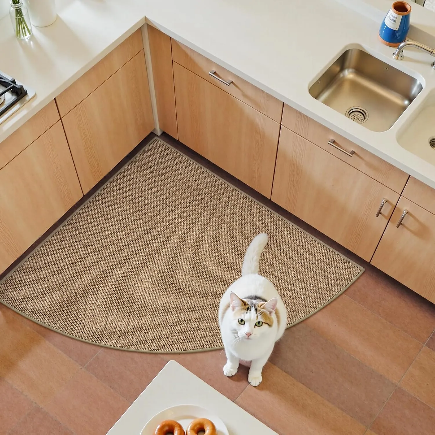 KIMODE Farmhouse Kitchen Rugs Non Slip Washable,Circular Sector Kitchen Mats for Floor Radius 39",Absorbent Corner Kitchen Sink Rug for Laundry Room Home,Beige/Khaki