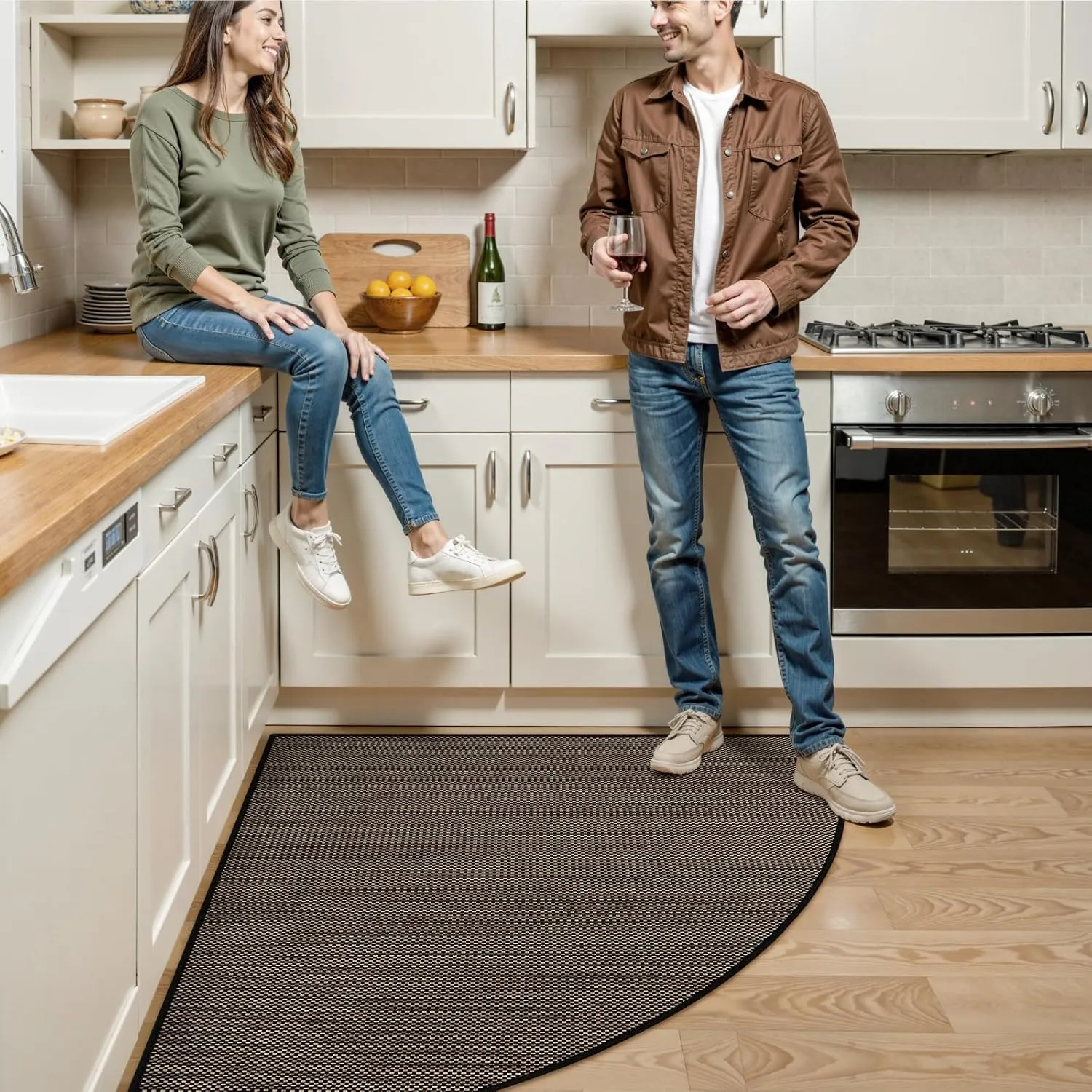 KIMODE Farmhouse Kitchen Rugs Non Slip Washable,Circular Sector Kitchen Mats for Floor Radius 39",Absorbent Corner Kitchen Sink Rug for Laundry Room Home,Black Multi