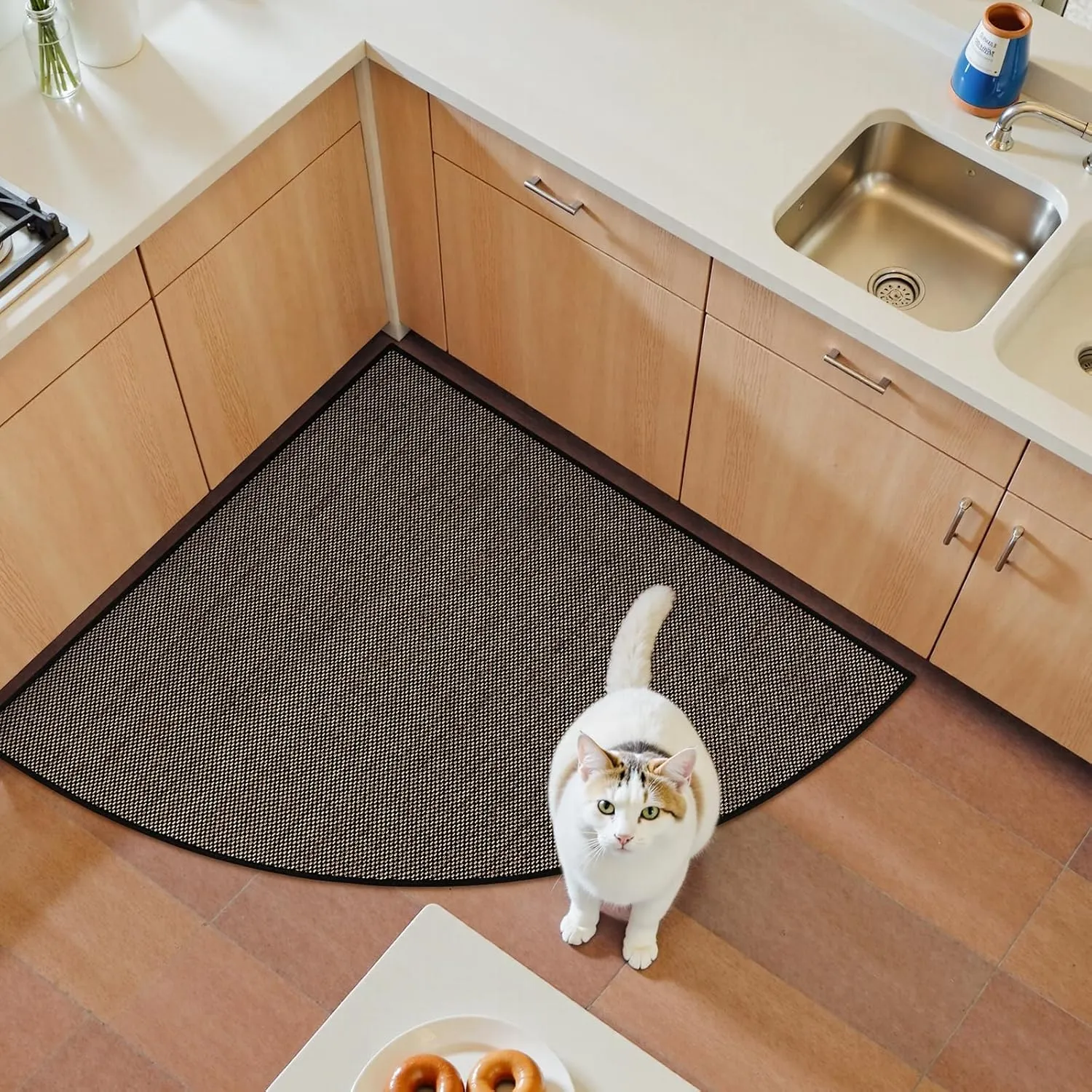 KIMODE Farmhouse Kitchen Rugs Non Slip Washable,Circular Sector Kitchen Mats for Floor Radius 39",Absorbent Corner Kitchen Sink Rug for Laundry Room Home,Black Multi