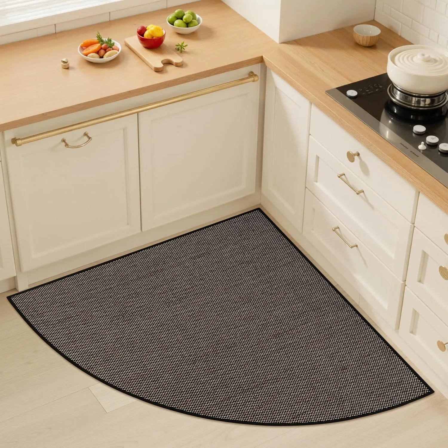 KIMODE Farmhouse Kitchen Rugs Non Slip Washable,Circular Sector Kitchen Mats for Floor Radius 39",Absorbent Corner Kitchen Sink Rug for Laundry Room Home,Black Multi