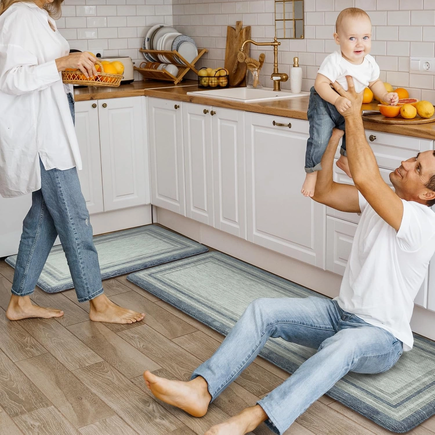 KIMODE Anti Fatigue Kitchen Mat 2PCS,Non-Skid Waterproof Kitchen Rugs,Farmhouse Kitchen Mat for Floor,Cushioned Comfort Foam Standing Mat for Laundry,Office,Sink,Desk,Blue and Gray