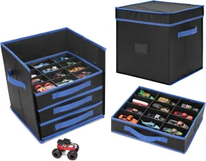 KISLANE Monster Truck Storage Organizer, 4-Layer Trucks Storage Box with 48 Compartments,Fits 1:64 Monster Trucks, Toy Cars & More – Foldable Toy Organizer with Drawers (Black)