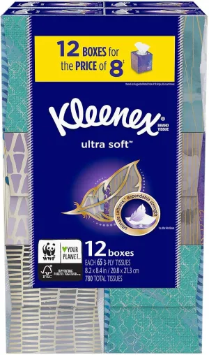 Kleenex Ultra Soft Facial Tissues - Cube Boxes (12 Pack, 65 tissues)